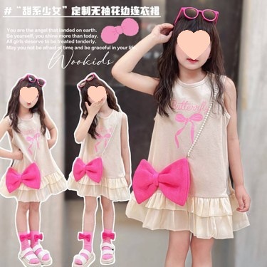 Girls dress Summer New 2024 Korean Style Western Style Baby Girl Letter Bow Stitching Vacant Skirt