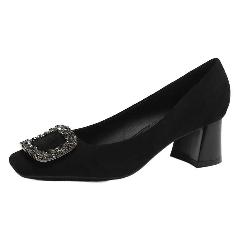 Women's Shoes Mid-heel Breathable Fashion Shoes Autumn New Square-toe Thick-heel Single-layer Shoes Women's Shallow Mouth Trendy Shoes Black High Heels