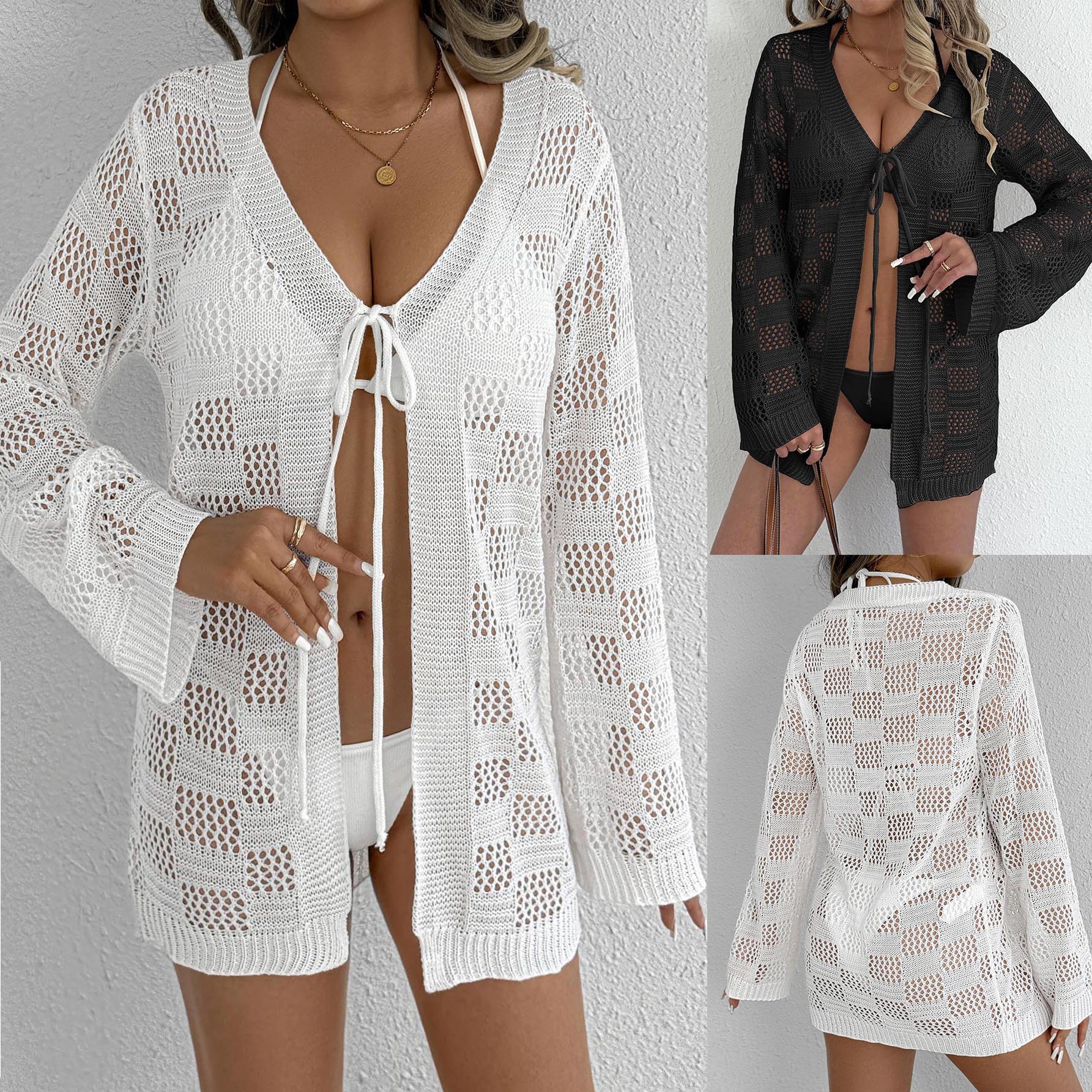 Women's Cardigan Cross-border European and American Women's Woven Shirt Hollow Long-sleeved Sunscreen Bikini Blouse Strap Beach Jacket