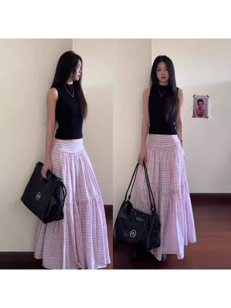 2025 New French Plaid Midi Skirt for Women, 2025 Autumn New High-End Waist-Cinching Long Skirt, Umbrella Skirt
