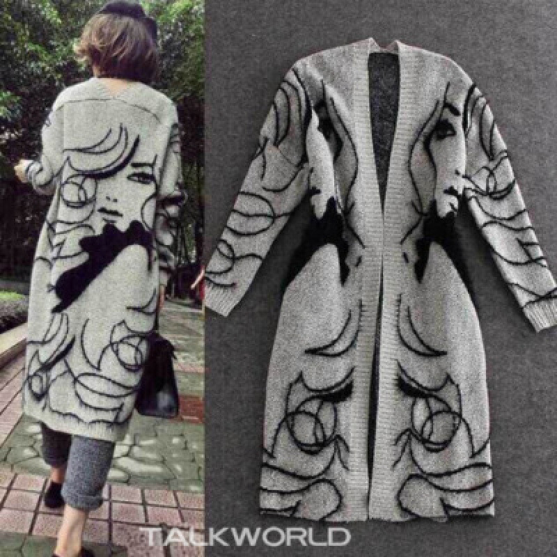 Spring, autumn and winter mid-length sweater jacket women's Korean version fashion loose and thick knitted cardigan beauty cartoon outerwear