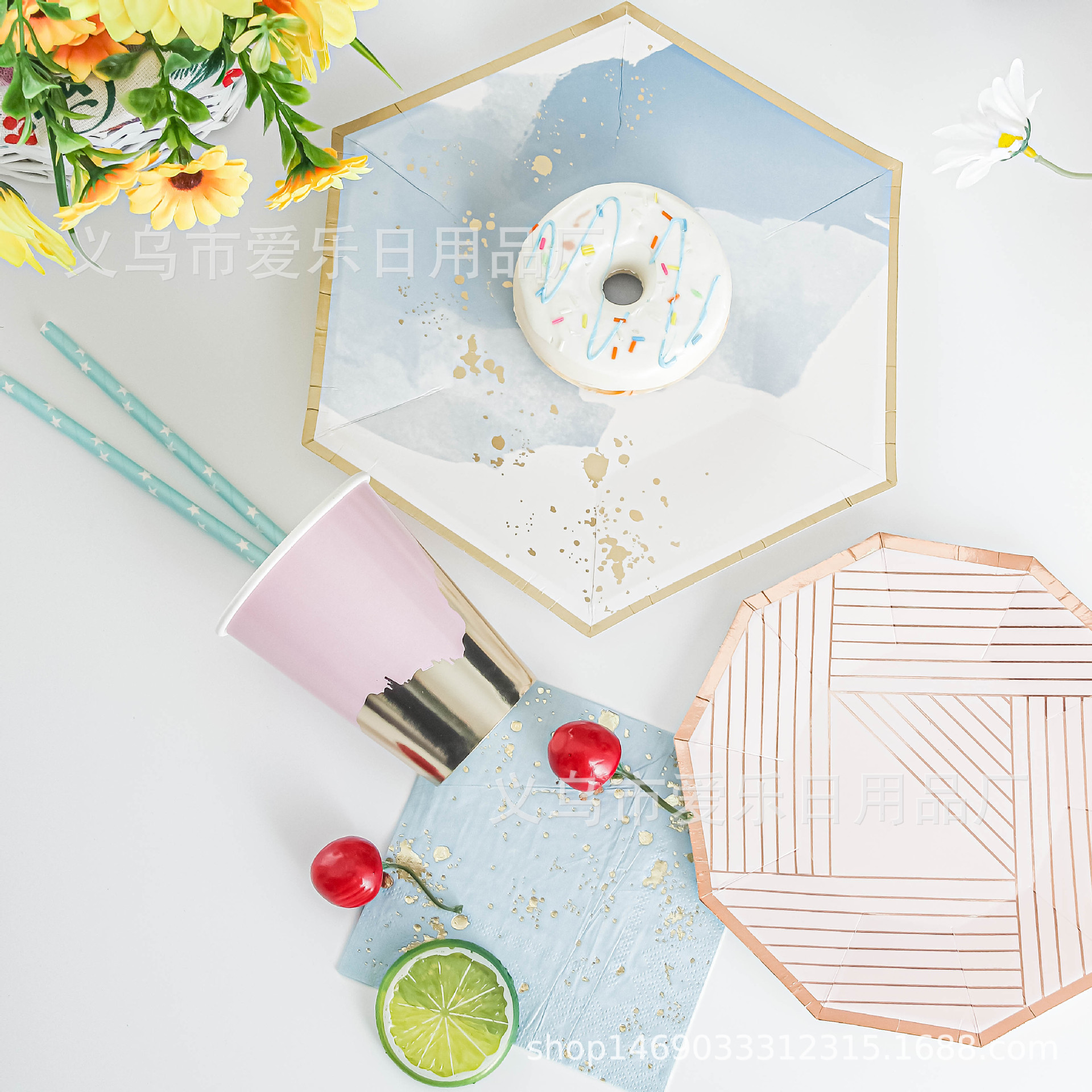 Picture of New ink blue hexagonal hot stamping paper plate wedding ceremony birthday party paper cups paper towels cross-border for now