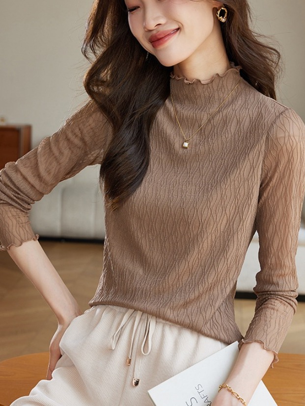 Picture of Texture lace bottoming shirt for women 2024 spring new Korean style lace half turtleneck inner long sleeve T-shirt top autumn and winter