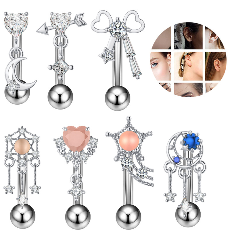 European and American new curved rod eyebrow ring titanium steel zircon ear cartilage earrings love pendant double-headed thread eyebrow nail piercing batch