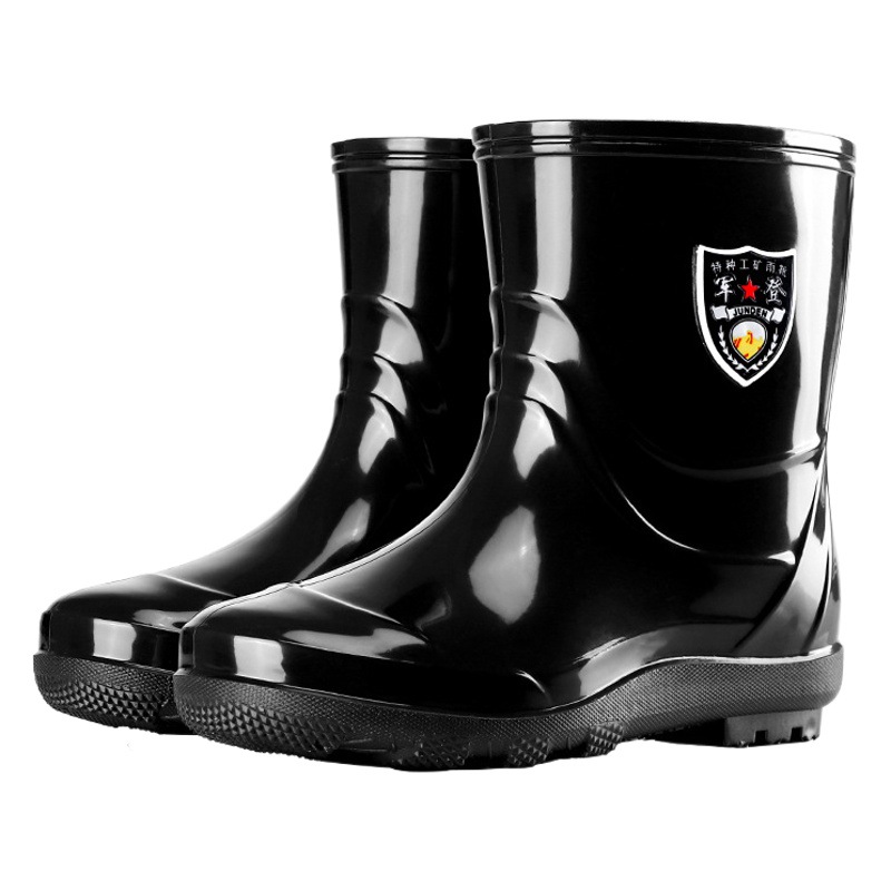 Jundeng mid-calf thick rain boots kitchen black non-slip rubber shoes waterproof shoes mining boots labor protection water boots men's water shoes