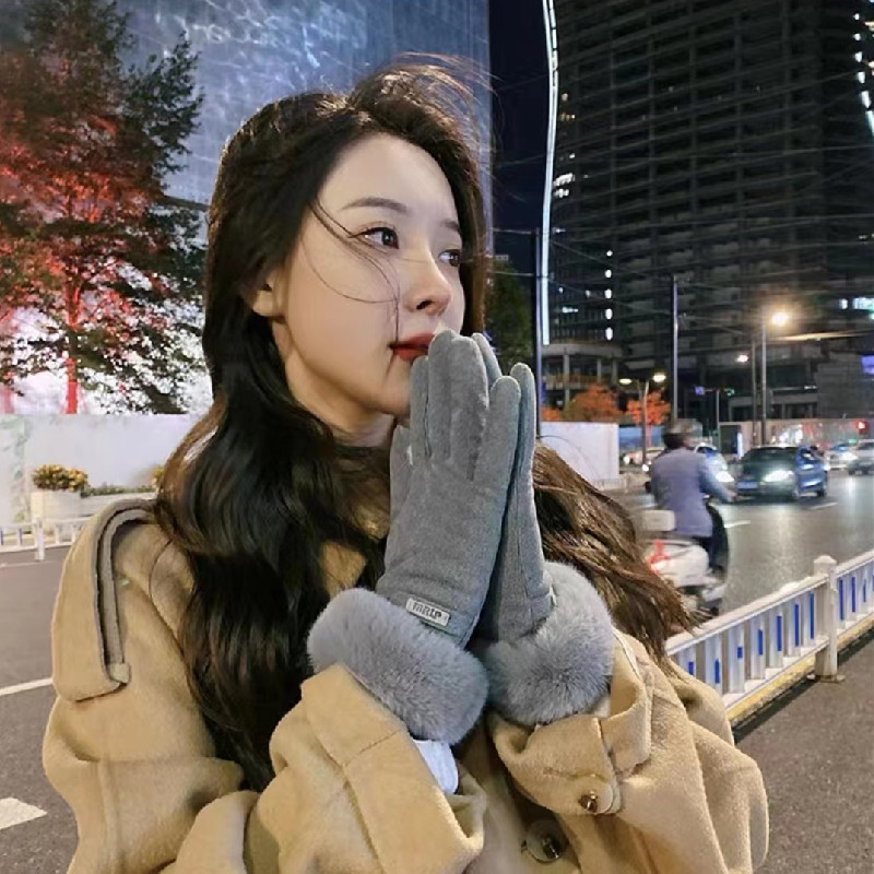 Winter Women's fleece-lined thick cute windproof plush de Velvet rabbit fur gloves riding driving warm touch screen