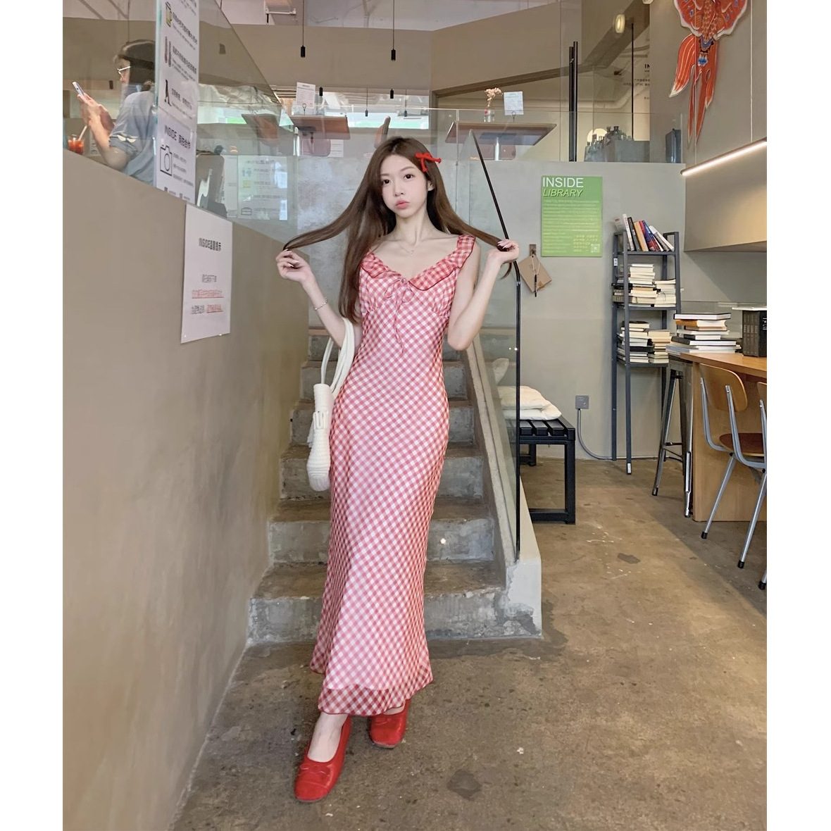 Summer White Fresh Sweet and Gentle French Red Plaid Dress with Lining Women's Holiday Fishtail Dress