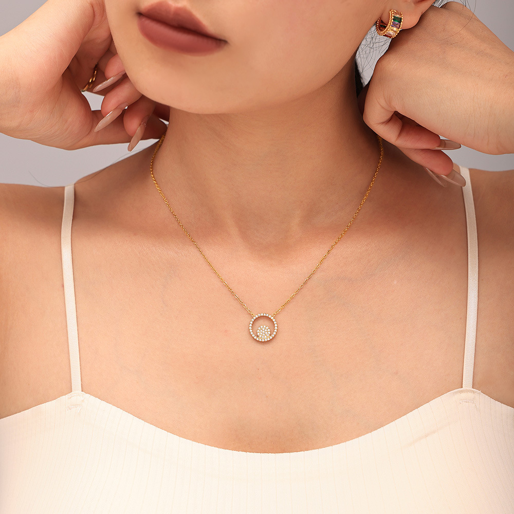 Dreamy Europe and the United States INS style double round inlaid zircon bracelet necklace ring suit stainless steel light luxury texture jewelry now