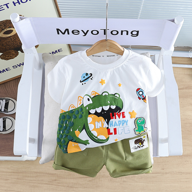 Summer Boys' Short-sleeved suit New Baby Boys' Children's Suit Big Dinosaur Rocket Short-sleeved suit Trendy Cool