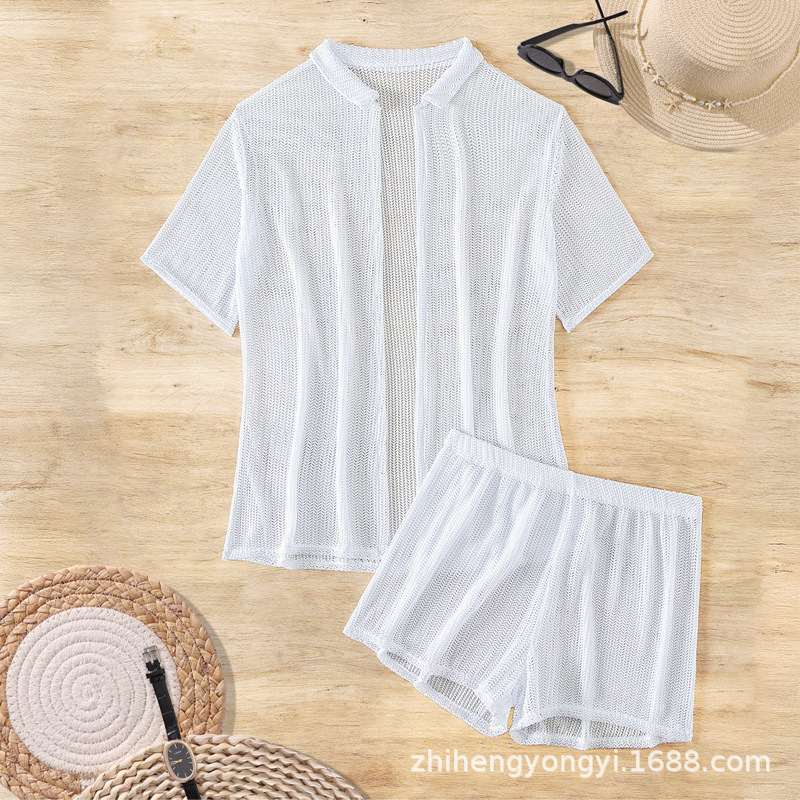 2025 New Foreign Trade Hollow-out Anti-sunscreen Shirt Split Boxers European and American Bikini Beach Blouse Women's Cross-border Swimwear