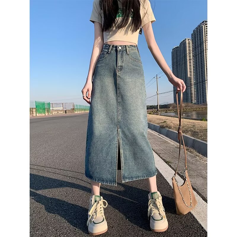 Pear-Shaped Body-Slimming Skirt Women's Summer Split Denim Skirt Casual Elegant Hip Dress A- Line Skirt