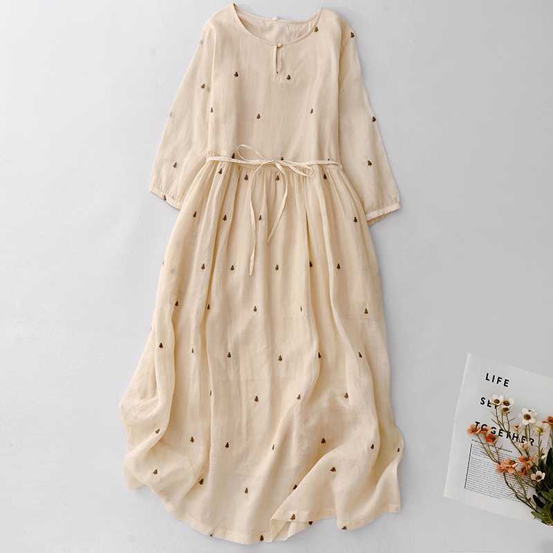Real shot of heavy industry embroidery new tea break ramie dress retro literary and casual waist slimming skirt