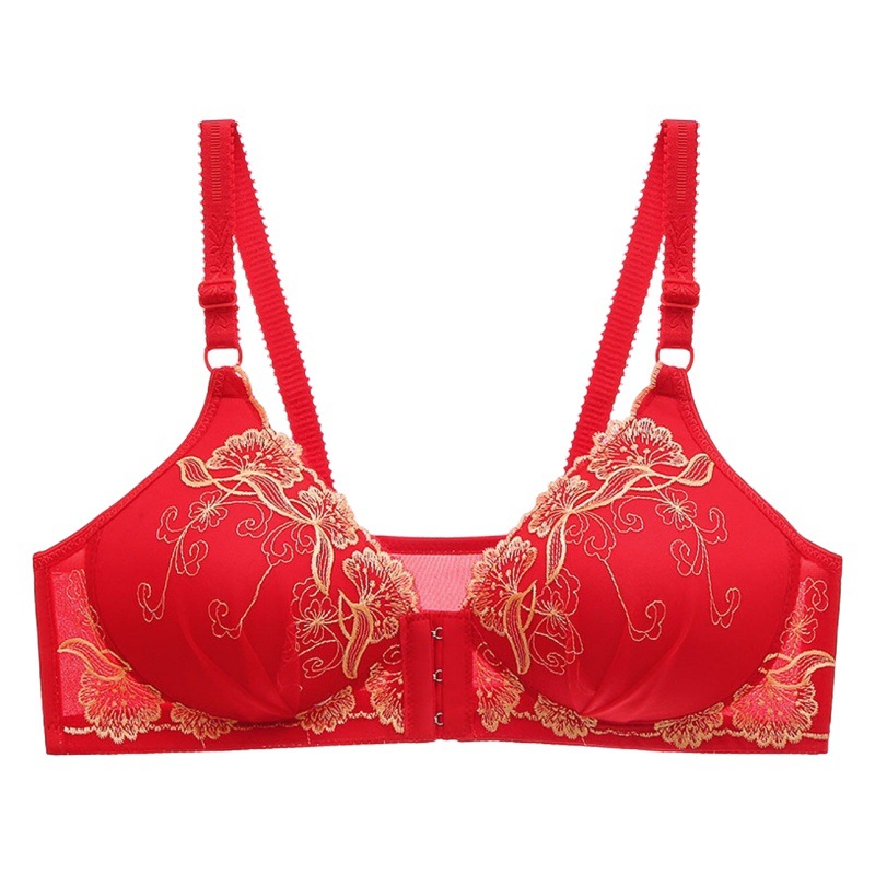 New Front Buckle Embroidered Underwear Cross-border Women's Gather Thin Cotton Cup Bra Middle-aged and Elderly plus size Bra without Steel Rings
