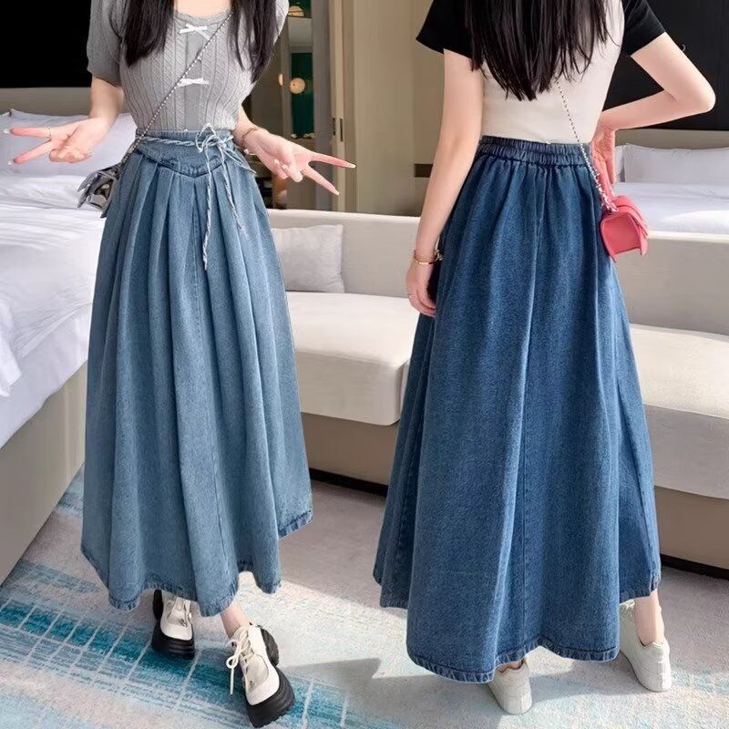 Elegant Retro Strap High Waist Denim Skirt Women's Spring and Autumn 2024 Loose Slimming All-match A- line Pleated Skirt