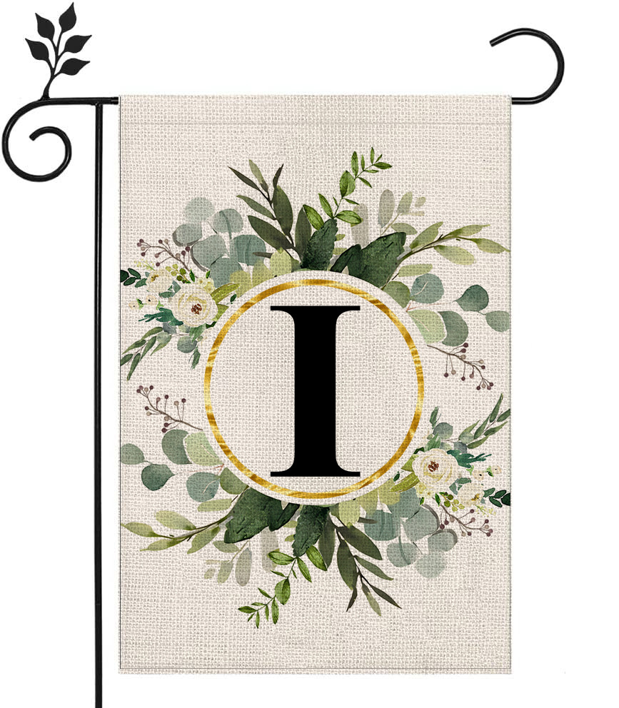 Picture of Simple ins style 26 letters + green plant printed linen garden flag surname initials courtyard door flag