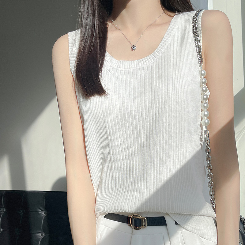 White Ice Silk Round Neck Camisole Loose Outer Wear Foreign Style Large Size Knitted Slimming Look Inner Sleeveless T-Shirt Top