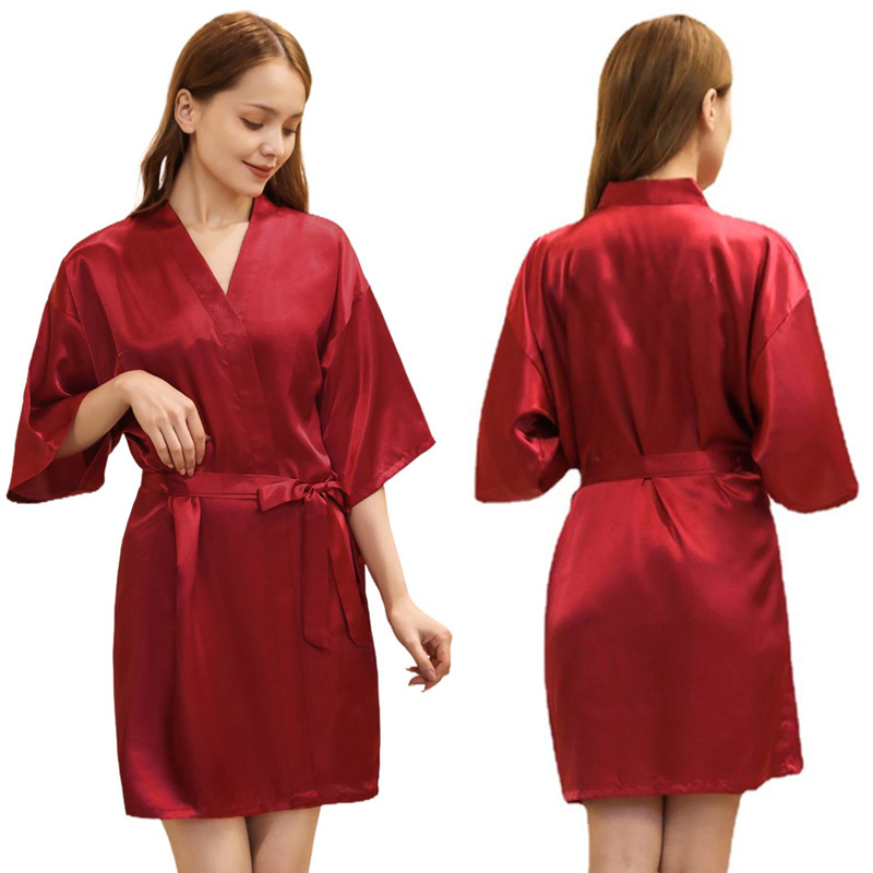 Picture of Amazon Cross-border Women's Twisted Sade Nightgown Bathrobe Solid Color Glow Summer Thin Sexy Short Cardigan Gown