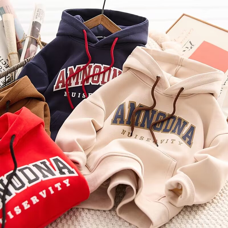 Children's fleece-lined hooded sweater autumn and winter new boys base shirt one-piece velvet pullover top fried street tide AMD