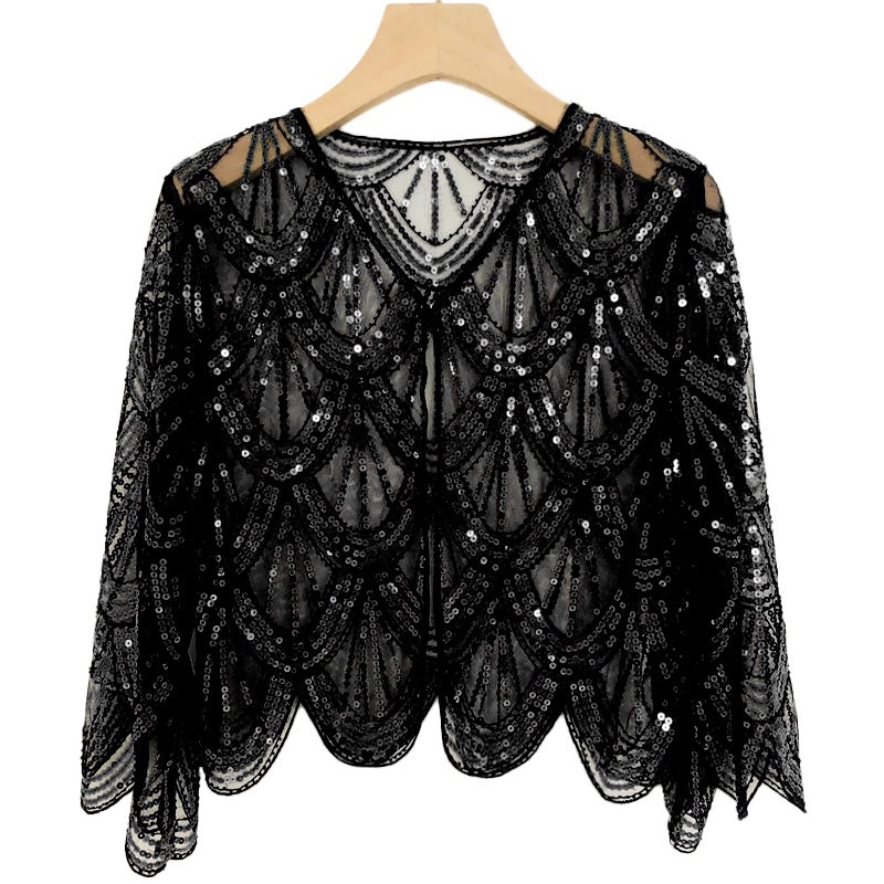 Picture of Cross-border 1920s mesh dress shawl European and American party banquet sequin jacket short mid-sleeve with Amazon