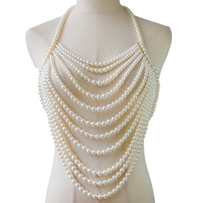 Picture of XH4523 European and American Cross-border Jewelry Pearl Fashion Multi-layer Necklace Chest Chain Sexy Chest Chain Pearl Body Chain Accessories
