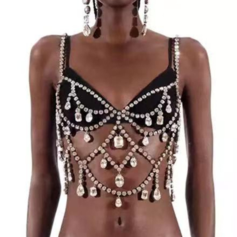 Hot-Selling Sexy Shiny Tassel Large Diamond Luxury Chest Chain European and American Body Chain Nightclub Jewelry Bodychain Sparkling