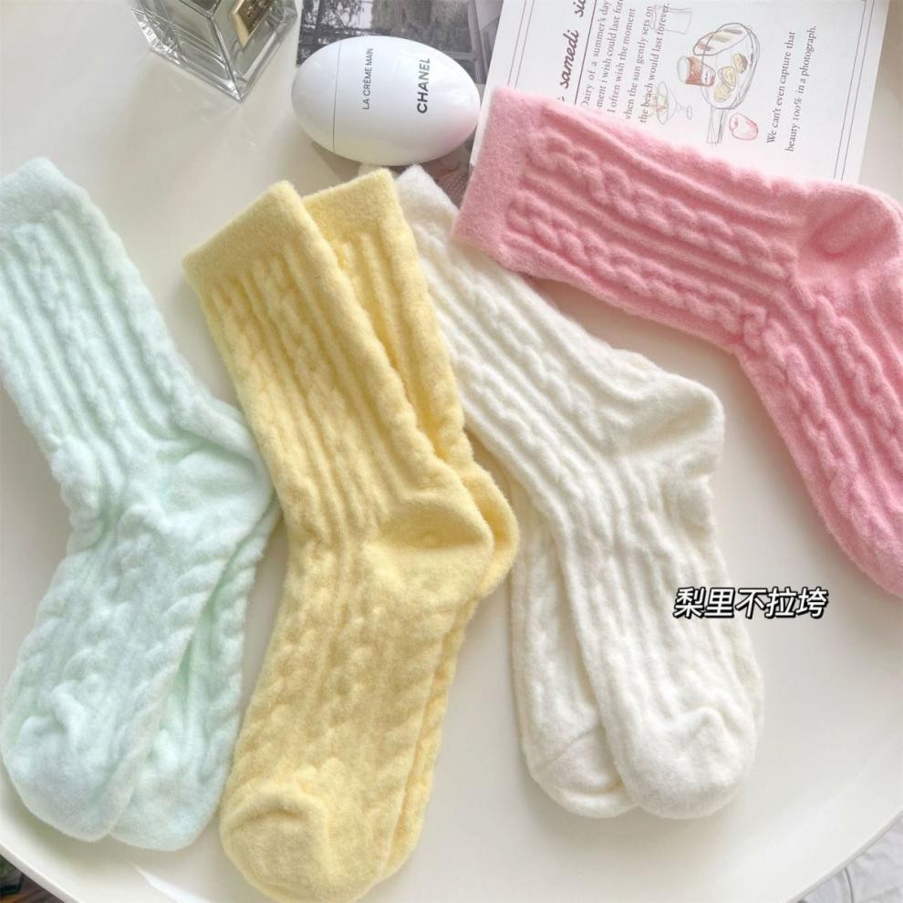 Warm fleece-lined Thickened Imitation Mink Velvet Mid-barrel Autumn and Winter Socks Children's Candy-colored ins Floor Socks Plush Sleep Socks
