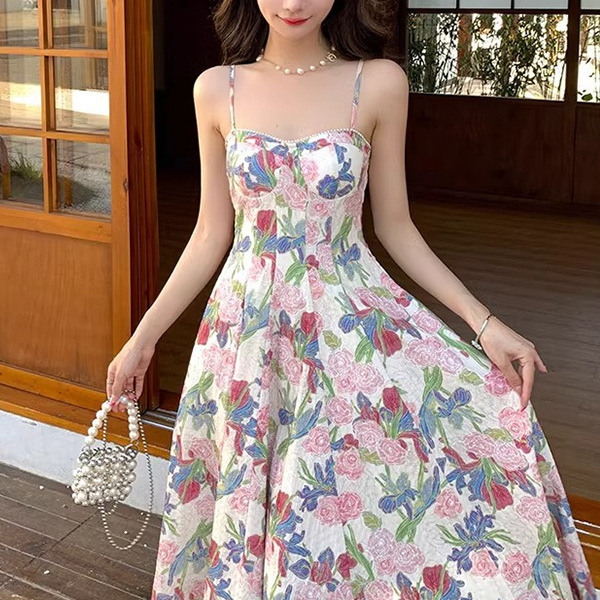 Tea Break French Style Gentle Style Floral Shaped Sling dress Children's Summer New Elegant High-end Feeling Small Long Dress