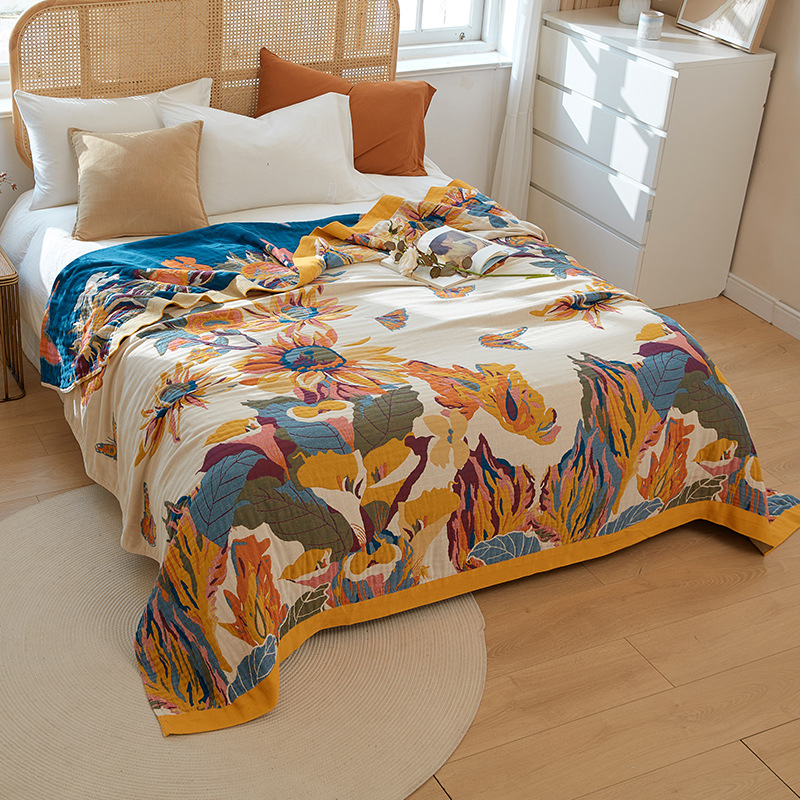 National Fashion Four-layer Thickened Cotton Gauze Blanket Air Conditioning Soft Towel Quilt Single Double Four Seasons Available Bed Sheet