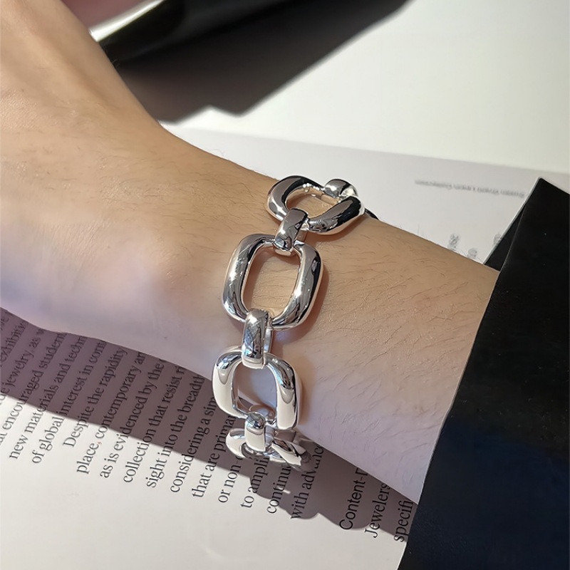 Geometric Square Hollow Heavy Industry Bracelet Women's Personality Trendy Fashion All-match High-end Sense S925 Silver Chain Elegant Bracelet