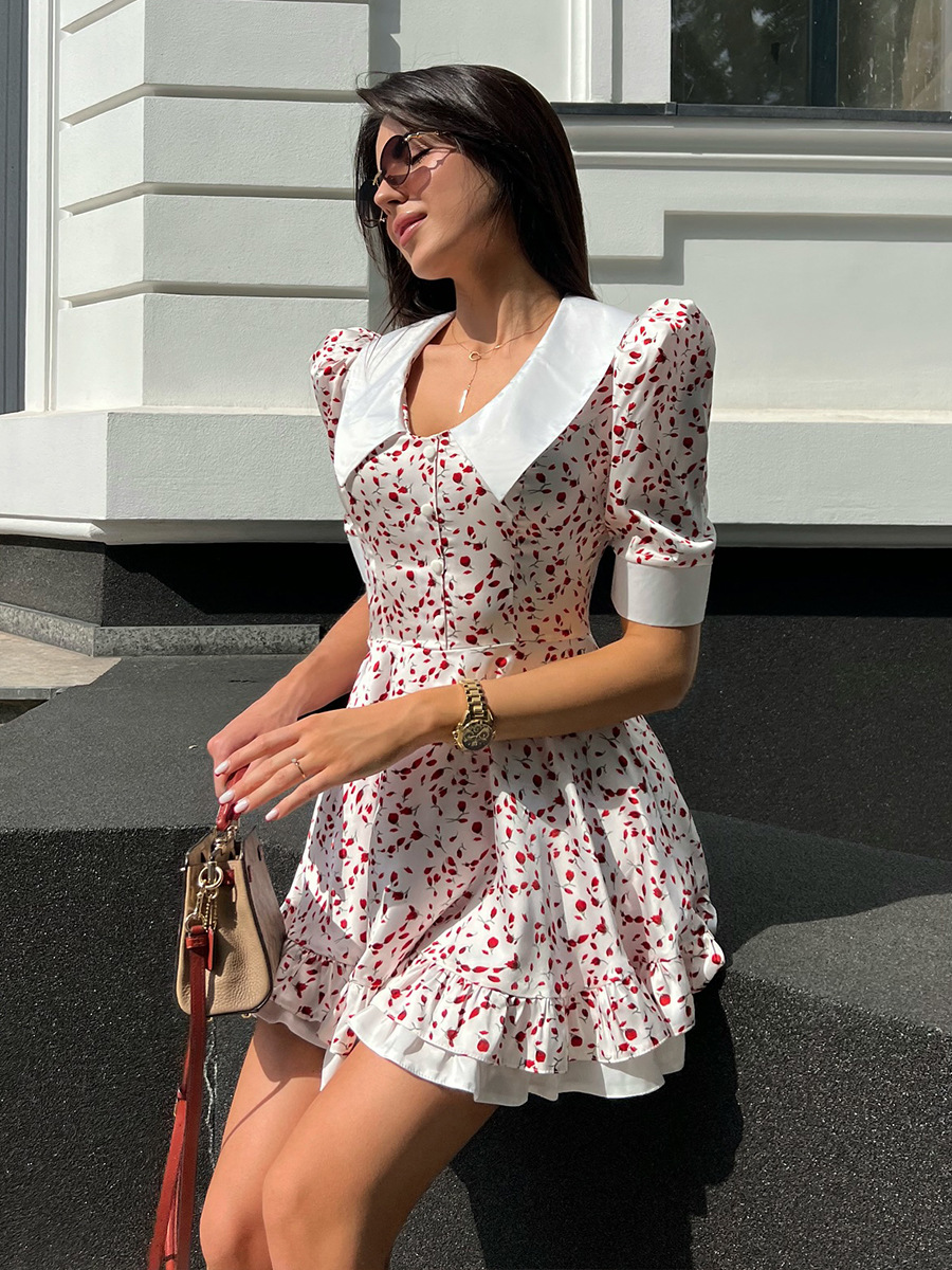 Cross-Border Women's V Neck Printed Dress Women's European and American 2025 Summer New Style Puff Sleeve Short Skirt Doll Collar Dress
