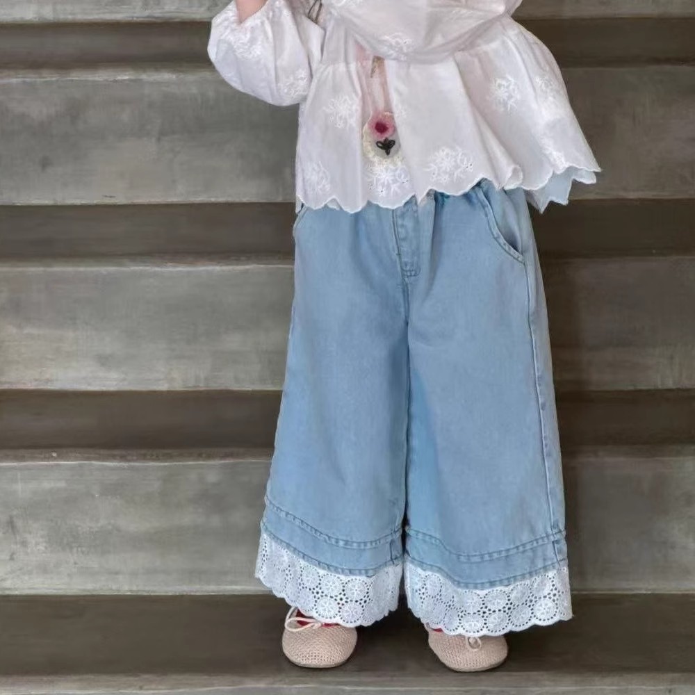 Korean Style 2025 Spring Girl Baby Stylish Fashionable Loose Lace Leg Denim Wide Leg Pants