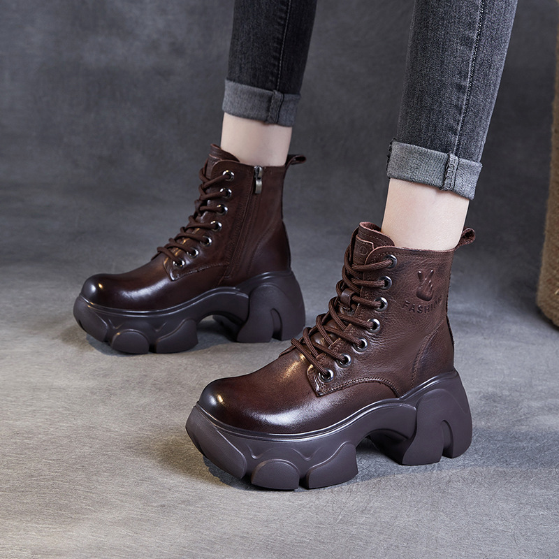 Top Layer Cowhide 2024 Autumn and Winter New Tall Leather Martins Boots for Small Women Thick Bottom Heeled Vintage Ankle Boots