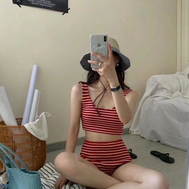Swimsuit High-end Sense Split High-waist Bikini Sexy Hot Spring Pure Desire Small Chest Gathering Striped Vest Swimsuit