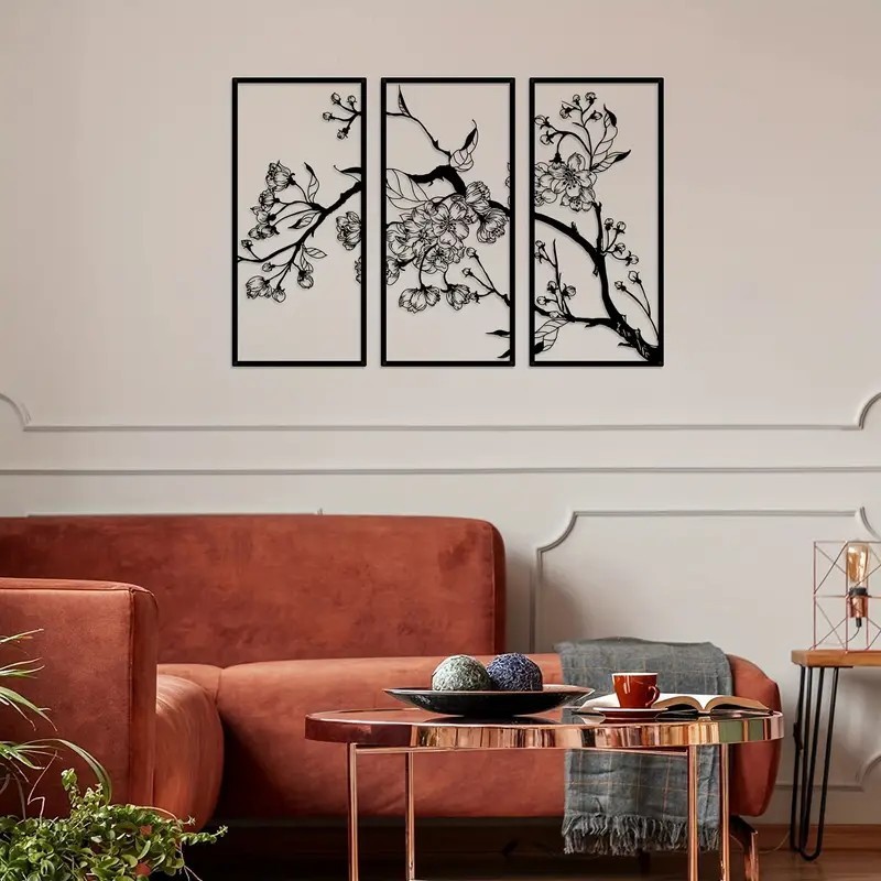 Cross border 3 pieces metal flower wall art bedroom minimalist abstract floral wall decoration living room iron wall decoration