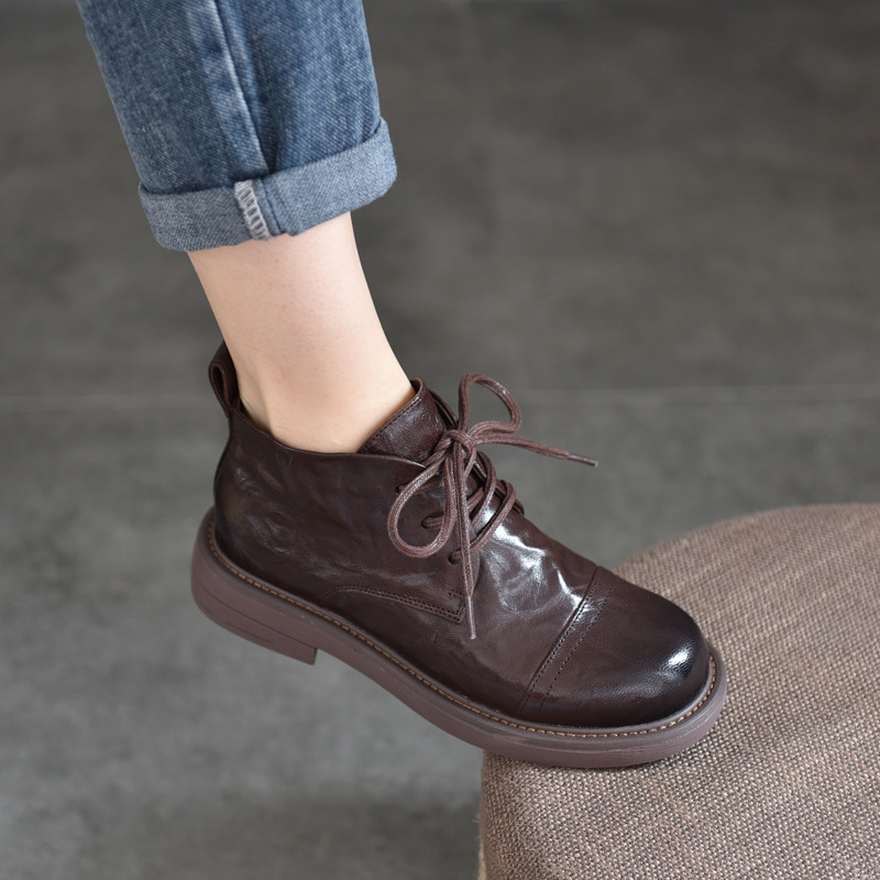 Hand-Grabbed Sheepskin Martin Boots for Women, Round-Toe Splicing Short Boots for Women, British Style Genuine Leather Boots for Women