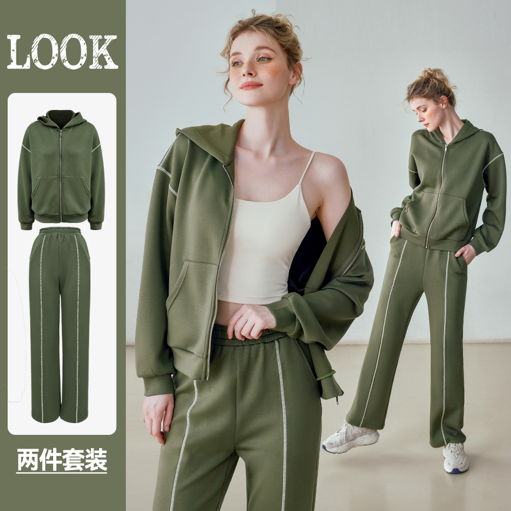 Sports Suit for Women, New Autumn and Winter Casual Slim-Fit Thickened Warm Outdoor Zip-Up Hooded Jacket Two-Piece Set