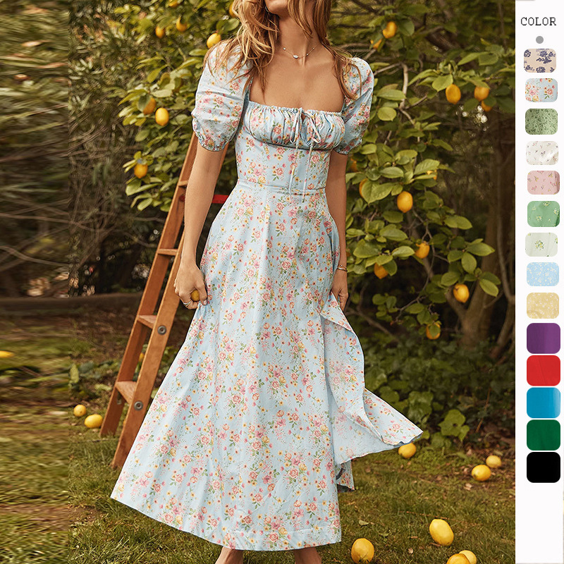 2025 Amazon New Summer Fashion Puff Sleeve Floral Lace Slit Long Skirt European and American Dress Women Summer