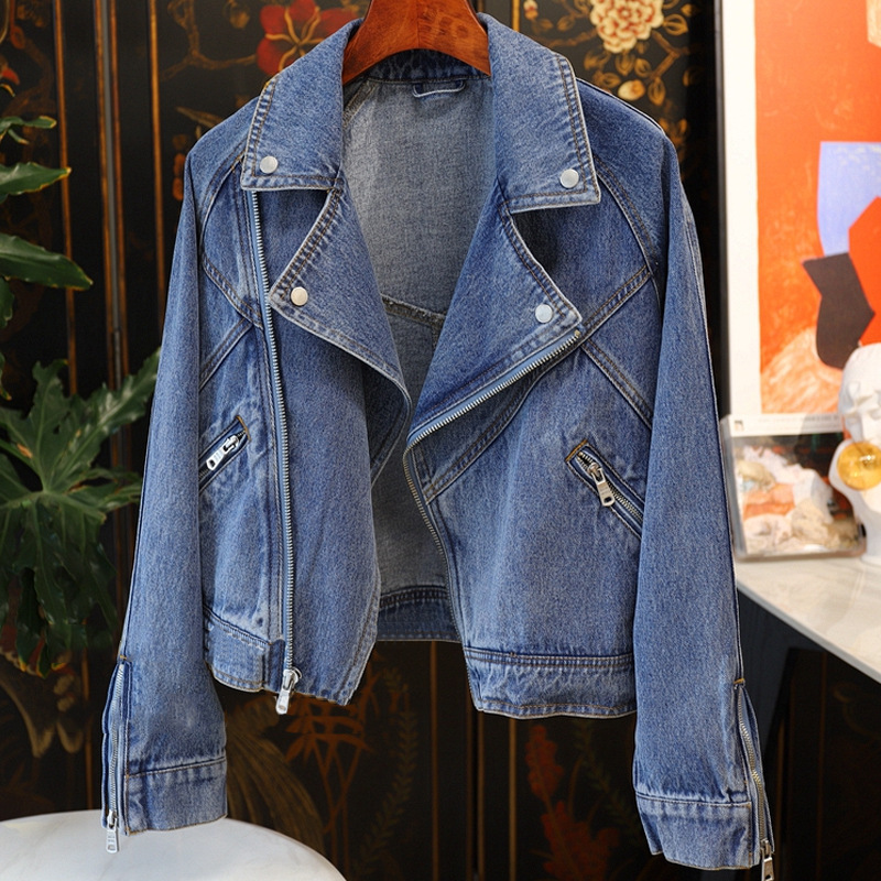 Picture of The Street Is so Handsome, and the Fashionable Love! Large Lapel Zipper Long Sleeve Motorcycle Style Denim Jacket for Women Trendy