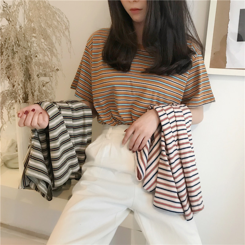 Picture of Summer striped short sleeve T-shirt women's new Korean foreign trade bottoming shirt women's top plus size women's clothing a generation of hair