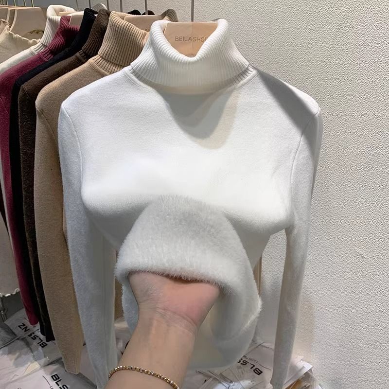 Picture of Foreign trade fleece-lined thick warm one-piece velvet top autumn and winter threaded high collar long sleeve T-shirt women's knitted base