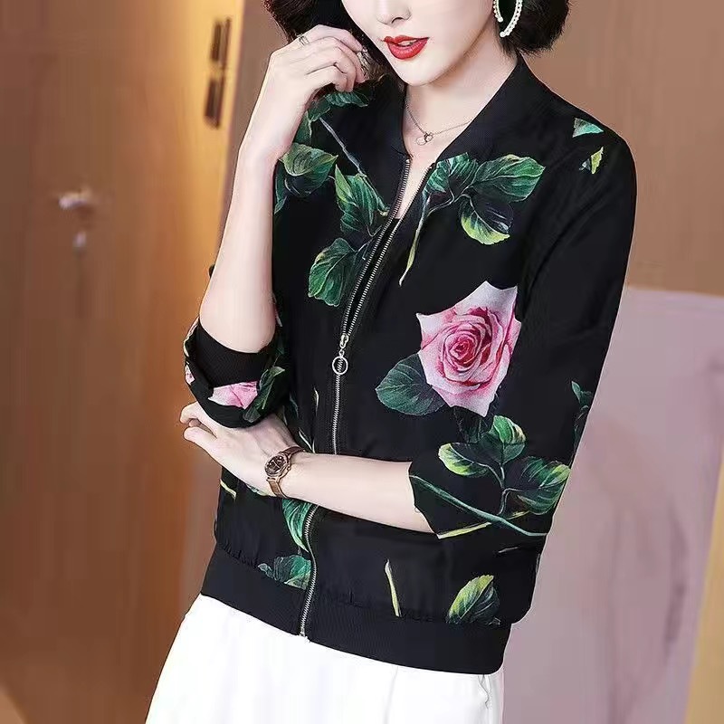 Picture of Chiffon thin air conditioning sun protection coat women's Korean-style long-sleeved zipper baseball uniform printed loose short coat