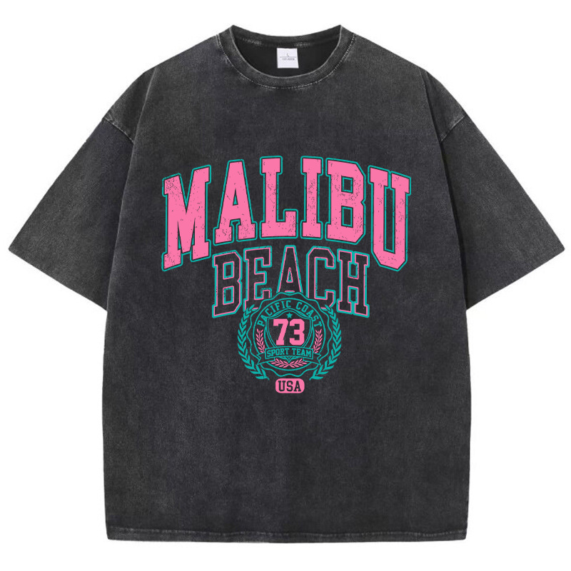 Street European and American Pure Cotton Washed T-shirt Malibu Beach Printed T-shirt Fashion Loose Retro Short Sleeve