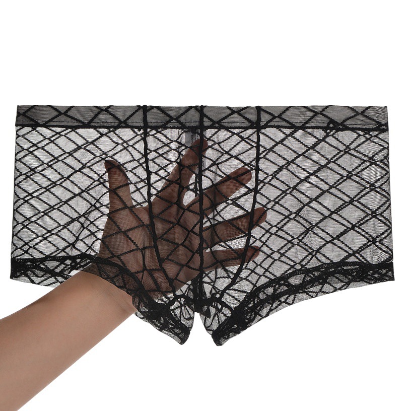 Junye Men's Mesh Transparent Underwear Thin Plaid Sexy U Convex Bag Boxer Briefs Breathable Young Men's Pants