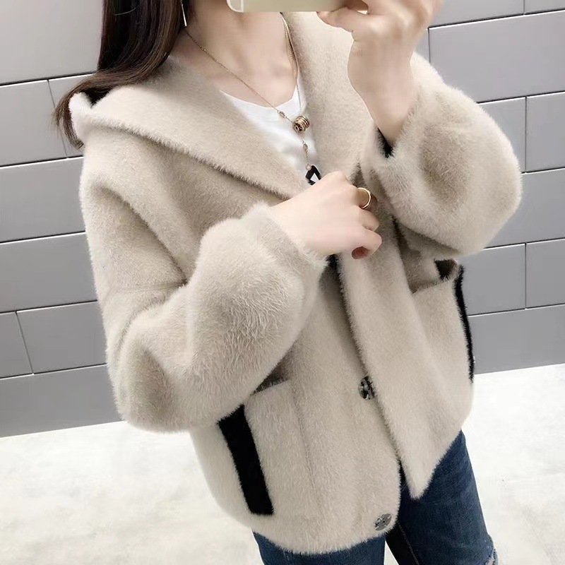 Picture of 2025 New Hooded Mink Velvet Women's Short Outwear Cardigan Autumn and Winter Korean Style Loose and Versatile Sweater Jacket