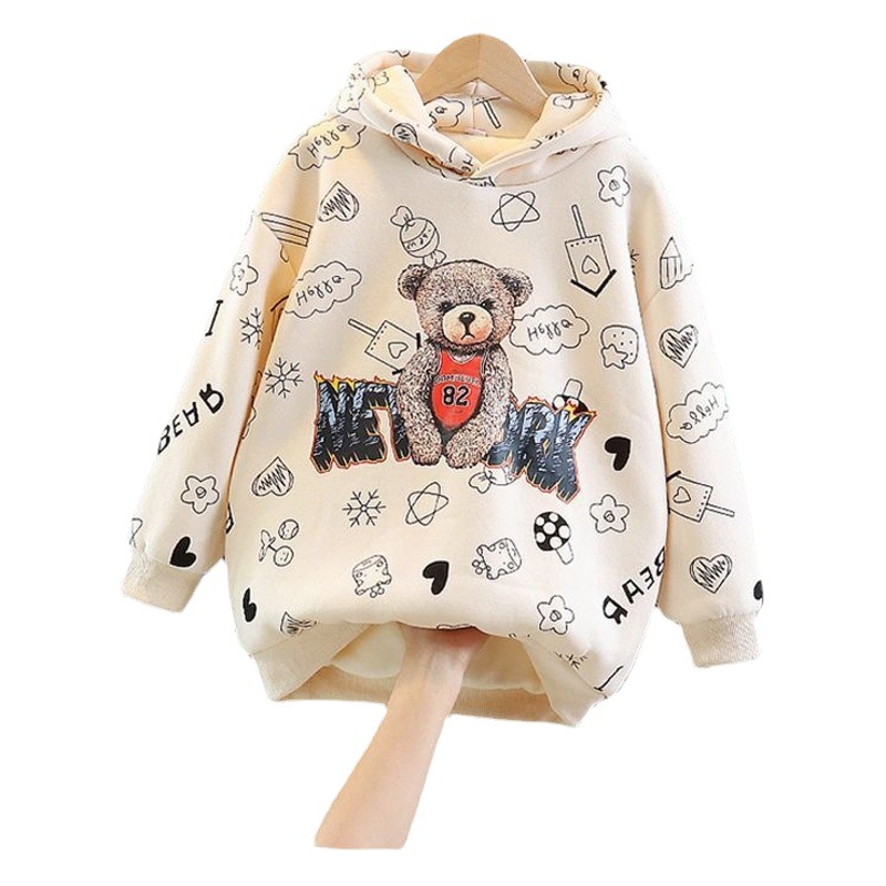 Girls' fleece-lined Stylish Hooded Autumn and Winter Sweat Baby Girl's Fashionable Thickened Top Korean Style Children's Winter Casual Wear