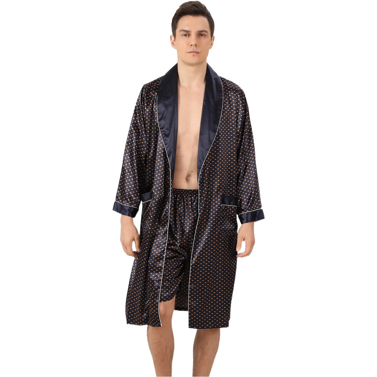 Men's Summer Silk Bathrobe Shorts Nightgown Men's Summer Suit Thin Ice Silk Pajamas Plus Size Bathrobe