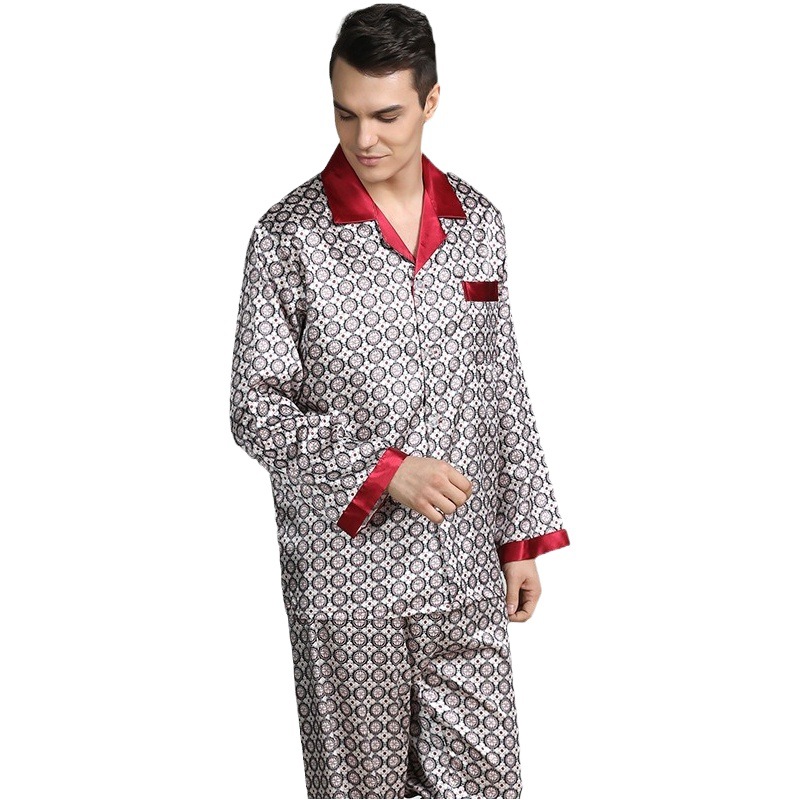 Cross-border Men's Printed Silk Pajamas Spring Summer Long-sleeved plus size Home Clothes suit Ice Silk Summer Pajama Pants for Men