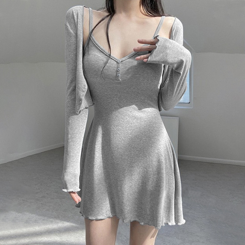 Picture of French Style High-end Sense Chic Long-sleeved Cardigan Slip Skirt Set Pure Desire Style Slim-fit Sexy Dress Two-piece Set for Women
