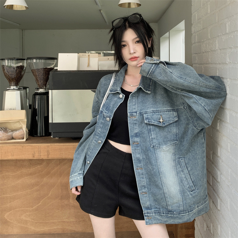 Washed and Distressed Design Jacket for Women, 2025 Spring and Autumn, American Retro, Trendy and Cool, Loose Fit, Ins-Style Top