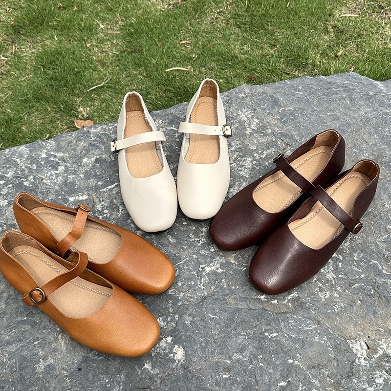 Niche Mori Shallow Mouth Shoes 2024 Spring Women's Shoes with Buckle Flat Shoes Genuine Leather Casual Mary Jane Women's Shoes